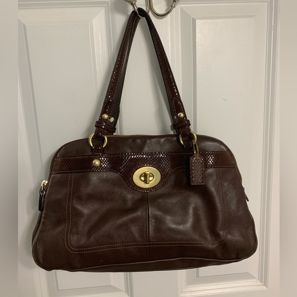 COACH Penelope Chocolate Brown Leather Snakeskin Trim Satchel - Picture 1 of 12